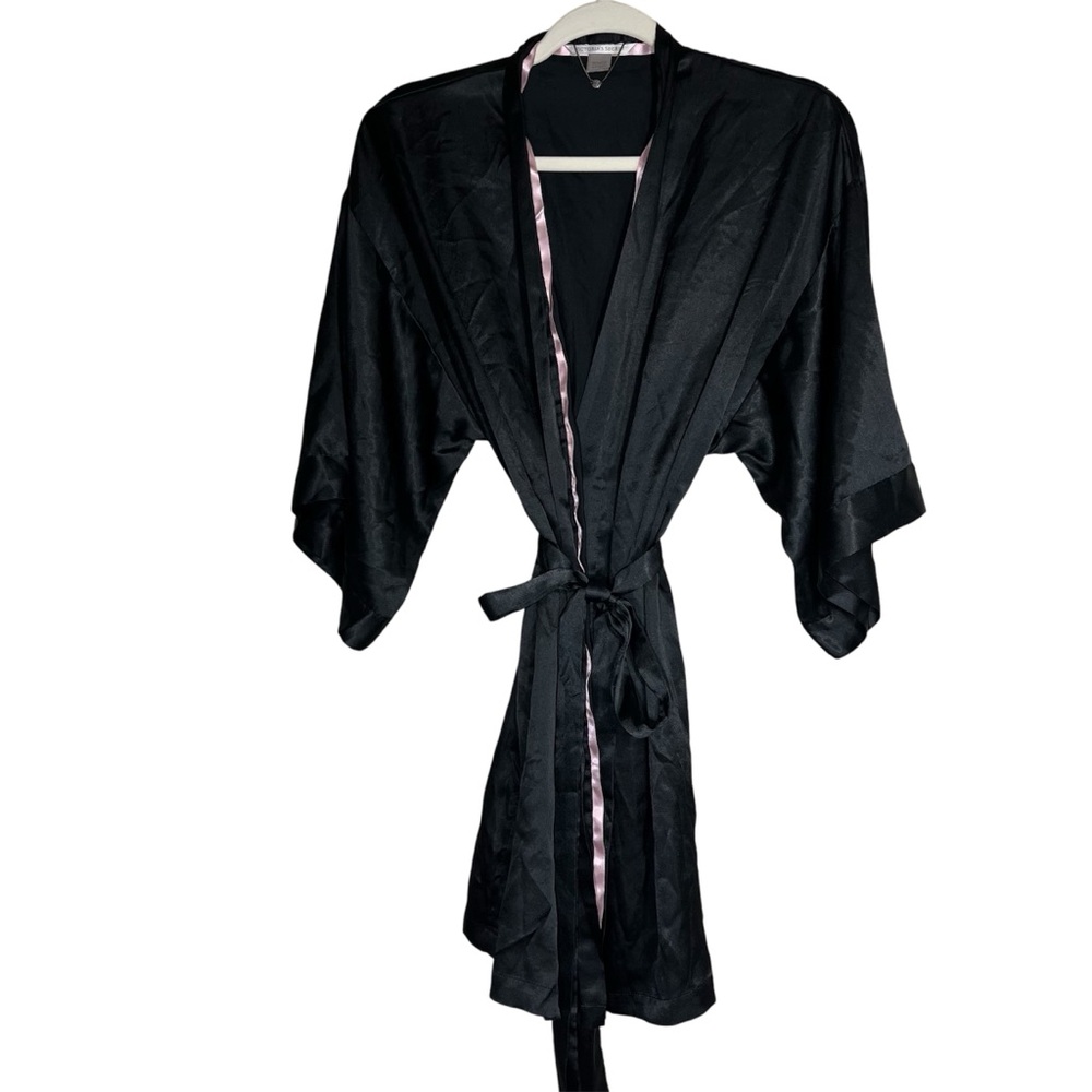 Victoria's Secret Black Satin Kimono Robe with Pink Accents SZ S/M